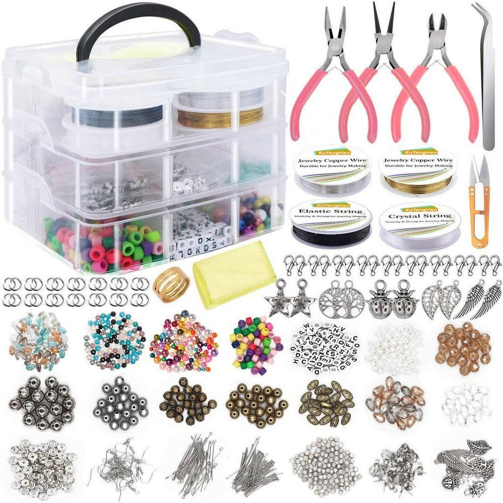 1171Pcs Jewelry Making Tools Beads DIY Bracelet Earring Accessories w/ 3 Layers Jewelry Box