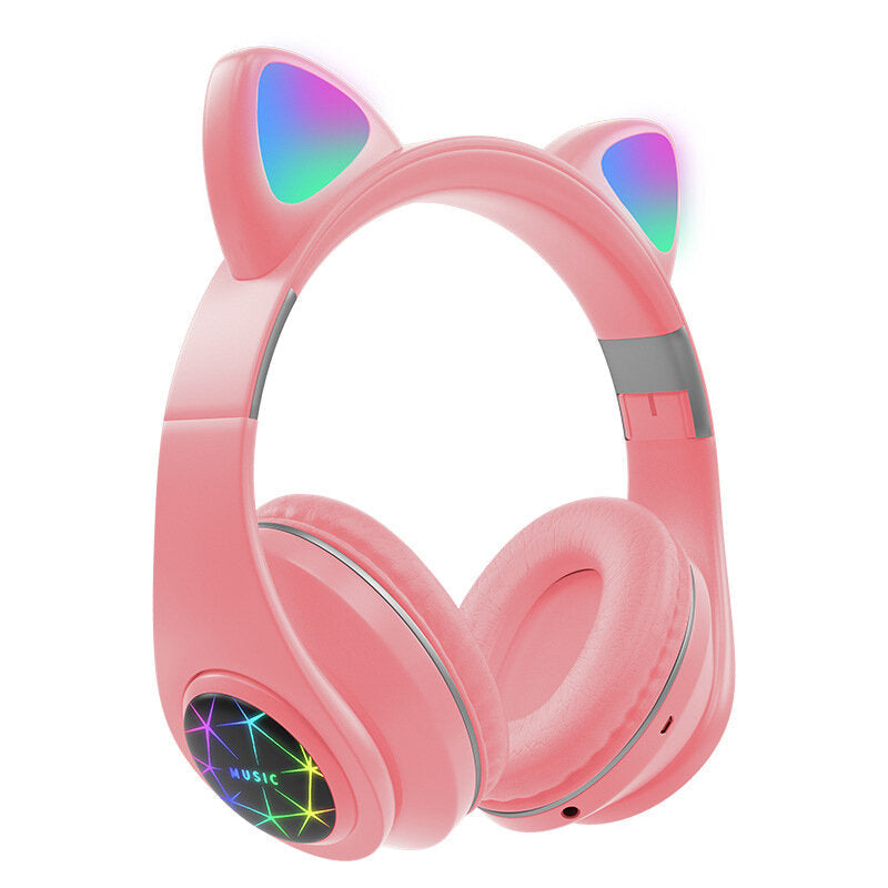 Cut Cat Ear Headphones Wireless Bluetooth 5.0 TF Card AUX-In Luminous Foldable Head-Mounted Headsetwith Mic