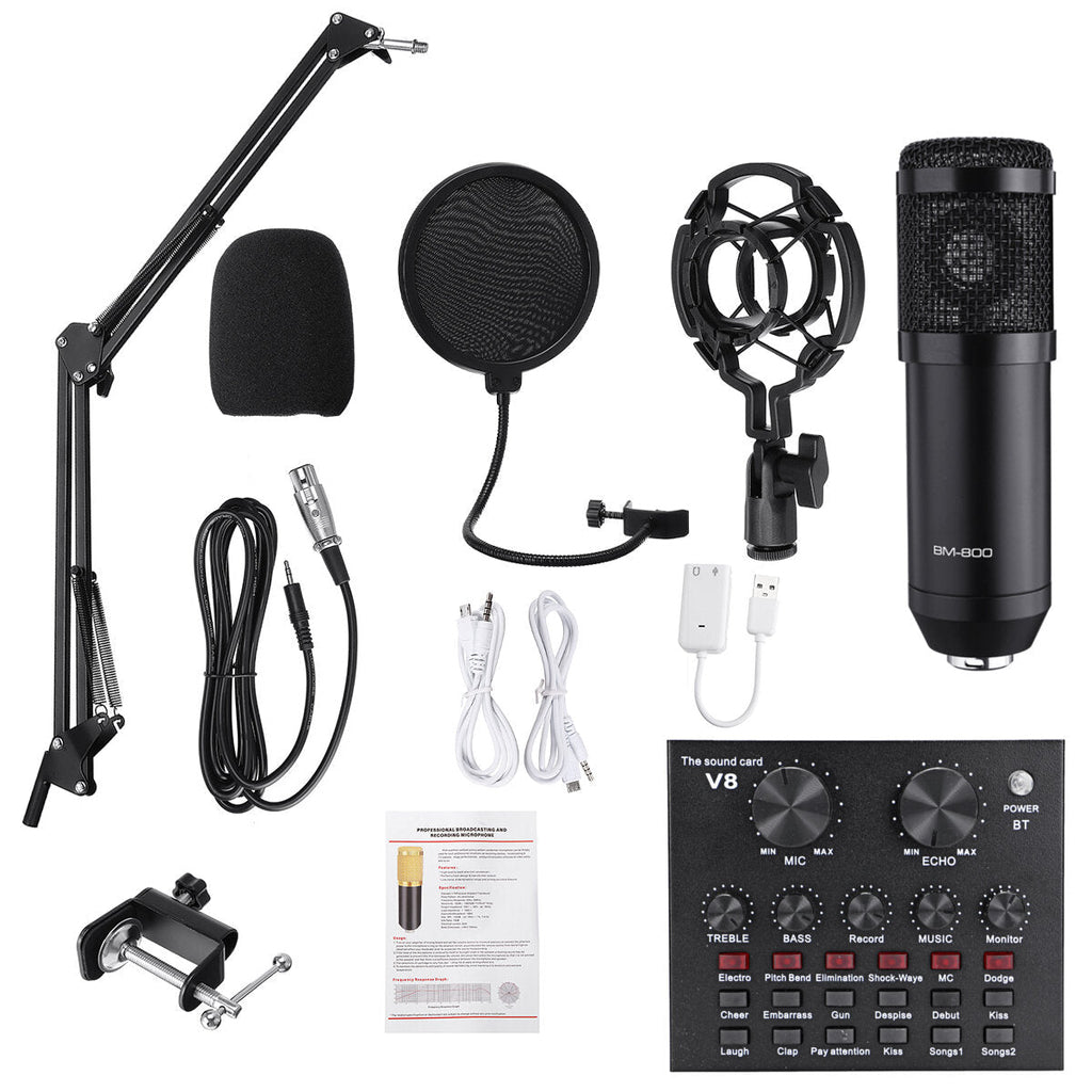 Condenser Microphone V8 Sound Card Kit Muti-functional Bluetooth for Studio Mobile Phone PC Laptop Recording Live Broadcast