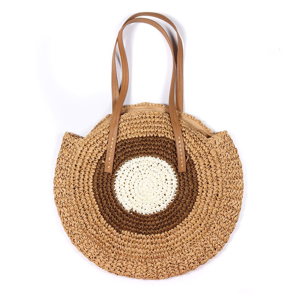 Women Beach Round Straw Bag Bucket Rattan Woven Handbag Shoulder Bag Outdoor Travel