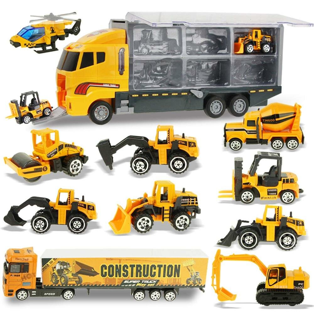 25Pcs Yellow Engineering Vehicle Toy Set 1 Large Truck + 10 Alloy Cars + 4 Soldiers + 10 Roadblocks