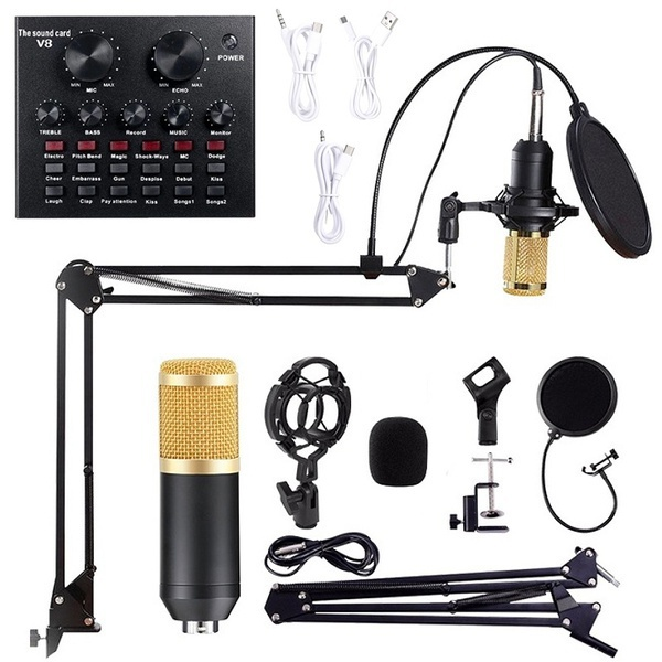 9in1 Condenser Microphone Kit Live Sound Card Stand Shock Mount Professional Mic Set for Broadcast Singing K Songs