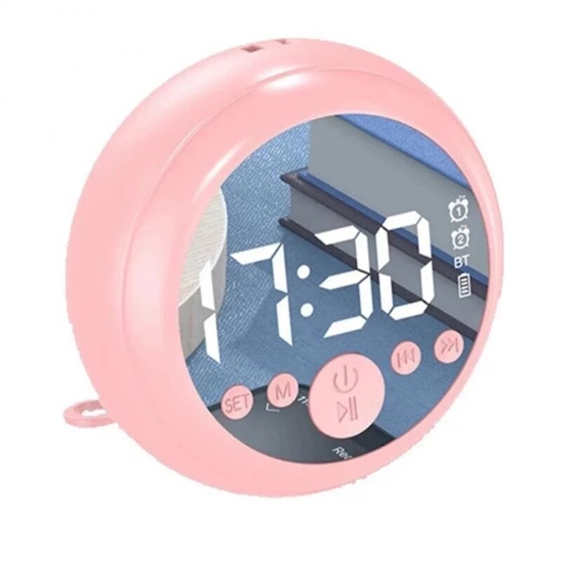 Bluetooth 5.0 Speaker Mirror Dual Alarm Clock Hi-Fi Stereo Mini Round Shape Subwoofer Support FM Radio TF Card