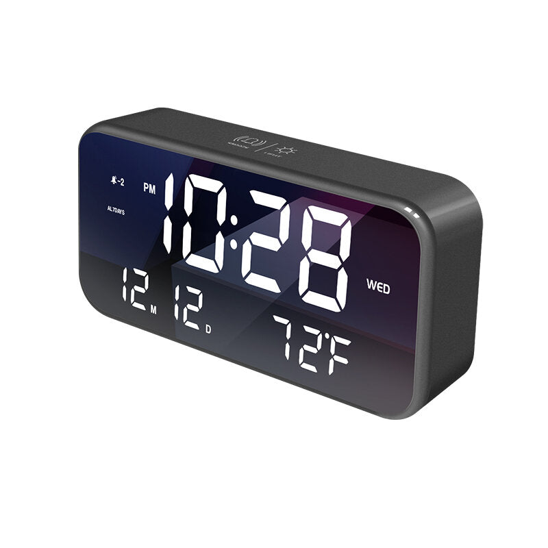 USB LED Music Alarm Clock Mirrow Effect Sound Brightness Control Snooze Function Time Thermometer Temperature LED Display Desktop Clock