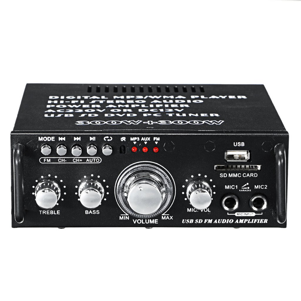 2x300W 110-220V Bluetooth Audio Power Amplifier EQ Stereo AMP Car Home 2CH AUX USB FM SD Hi-Fi Digital Radio