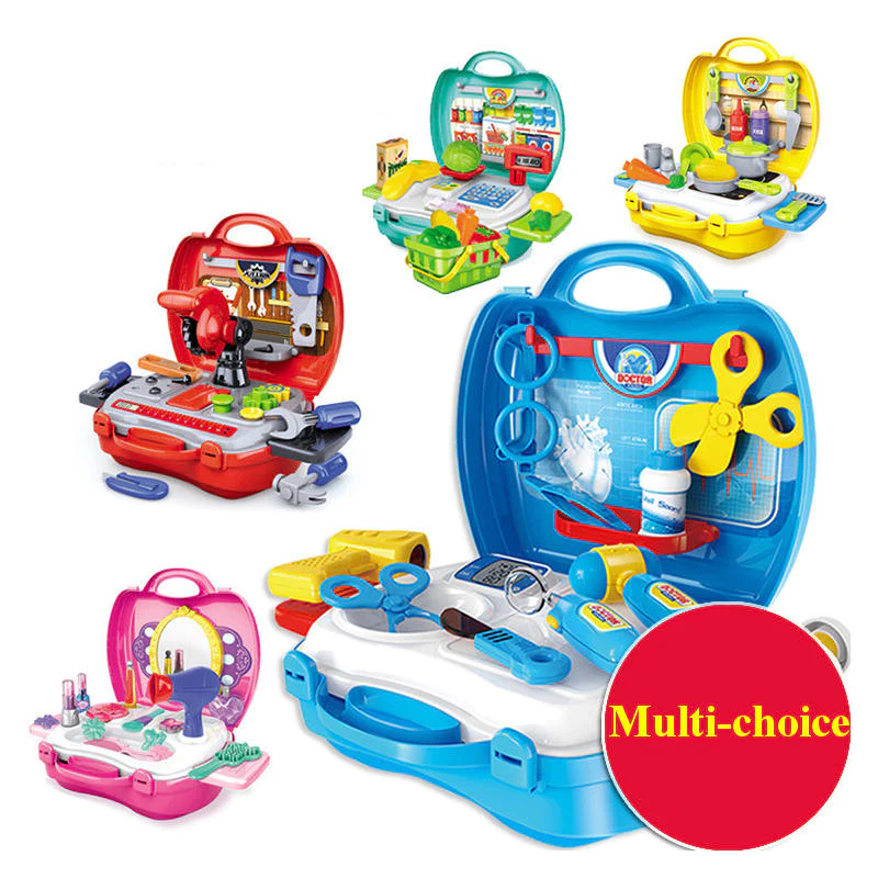 Children Simulation Kitchen Cook Tableware Dresser Cashier Tool Suitcase Doctor House Toys