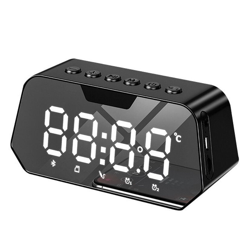 Bluetooth 5.0 Speaker Alarm Clock Multiple Play Modes LED Mirror with FM Function 360 Surround Stereo Sound Real-time Temperature Display 3600mAh