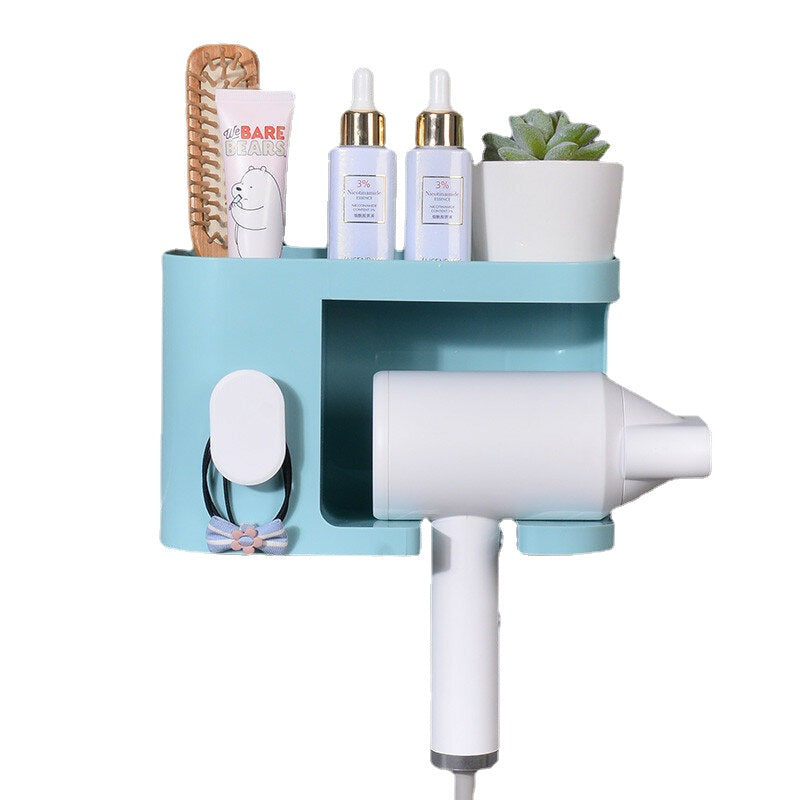 Multifunction Adhesive Hair Dryer Holder Bathroom Hair Blow Drier Holder with Hair Care Tools Storage Baskets