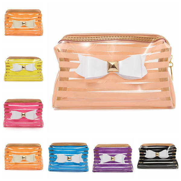 Stripe Transparent Cosmetic Bag Travel PVC Bow Tie Make Up Organizer Case