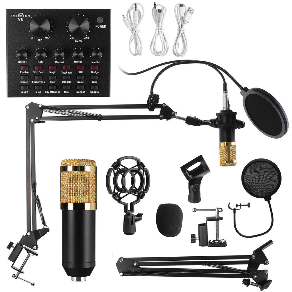 9in1 Condenser Microphone Kit Live Sound Card Stand Shock Mount Professional Mic Set for Broadcast Singing K Songs