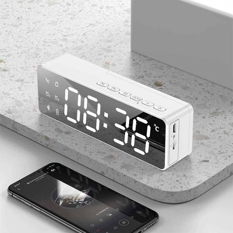 Bluetooth 5.0 Speaker Alarm Clock Multiple Play Modes LED Mirror Speaker with FM Function Stereo Sound Real-time Temperature Display 2800mAh