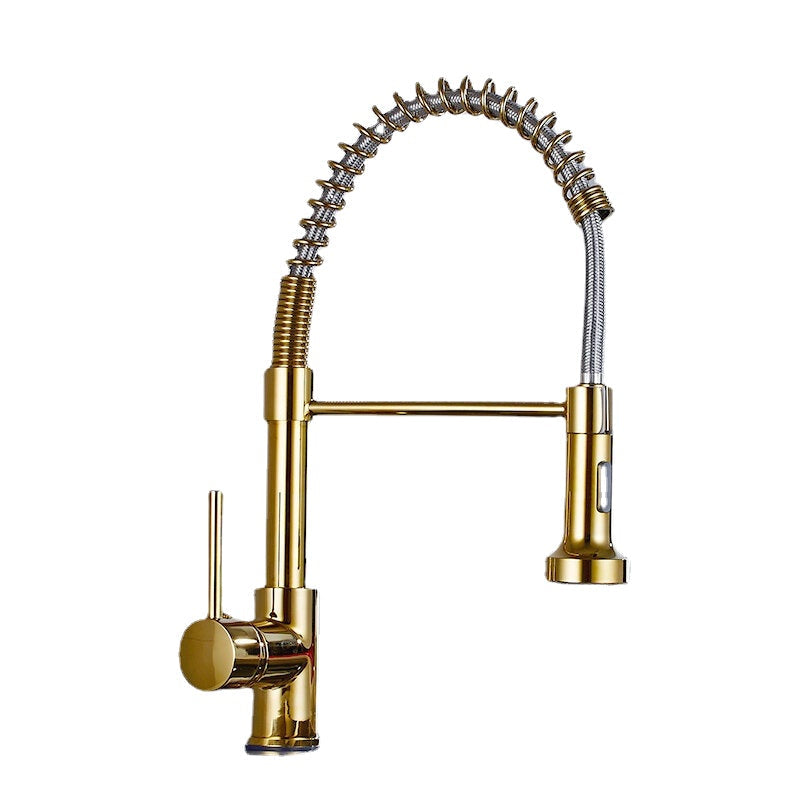 Luxury Gold Kitchen Sink Faucets Brass Single Lever Pull Out Spring Spout Mixers Tap Hot Cold Water Crane