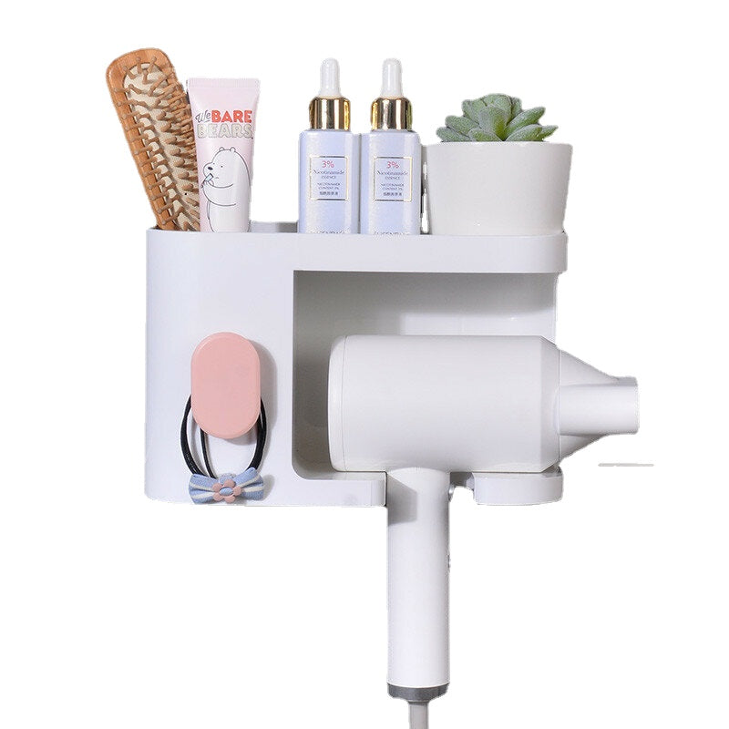 Multifunction Adhesive Hair Dryer Holder Bathroom Hair Blow Drier Holder with Hair Care Tools Storage Baskets