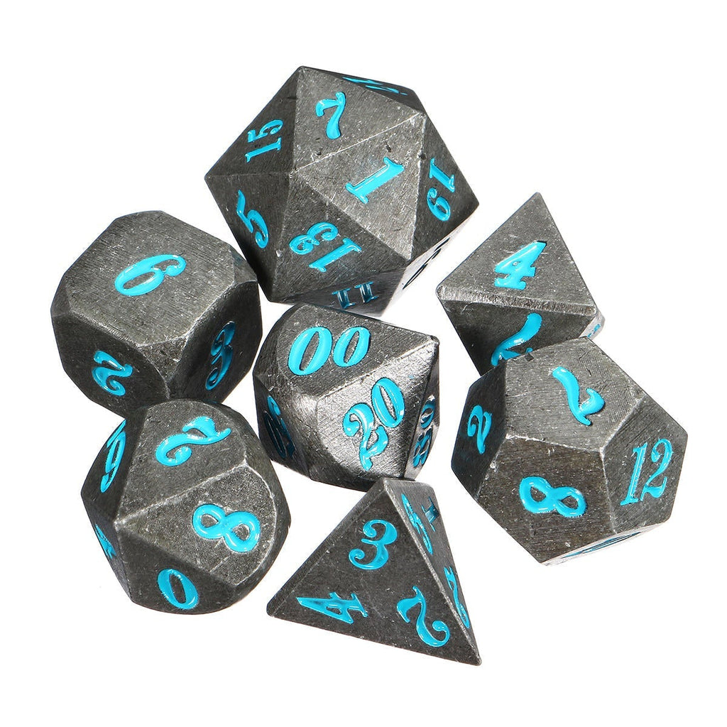 Antique Metal 7 Pcs Multisided Dice Heavy Polyhedral Dices Set w/ Bag