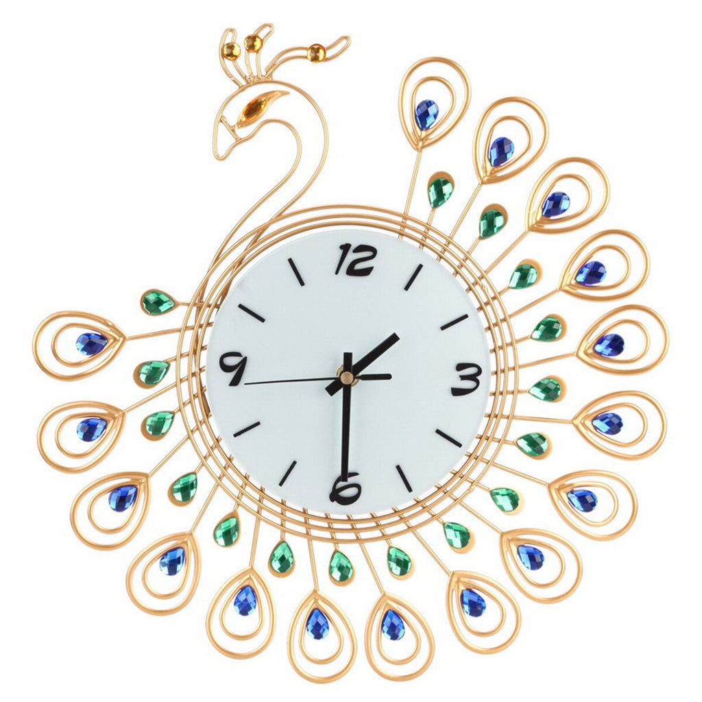 Large 3D Gold Diamond Peacock Wall Clock Metal Watch For Home Living Room Decoration DIY Clocks Crafts Ornaments Gift