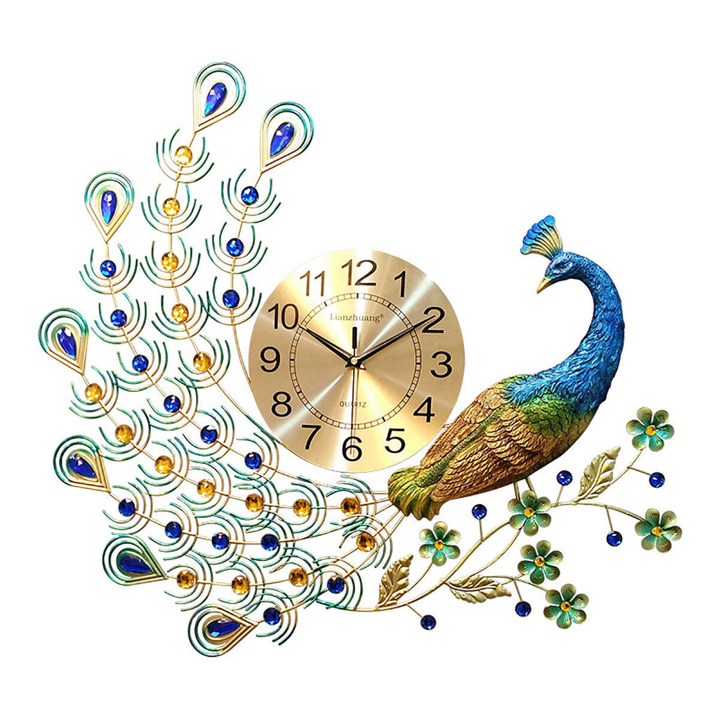 3D DIY Peacock Decoration Digital Wall Clock Metal Modern Art Home Bedroom Room