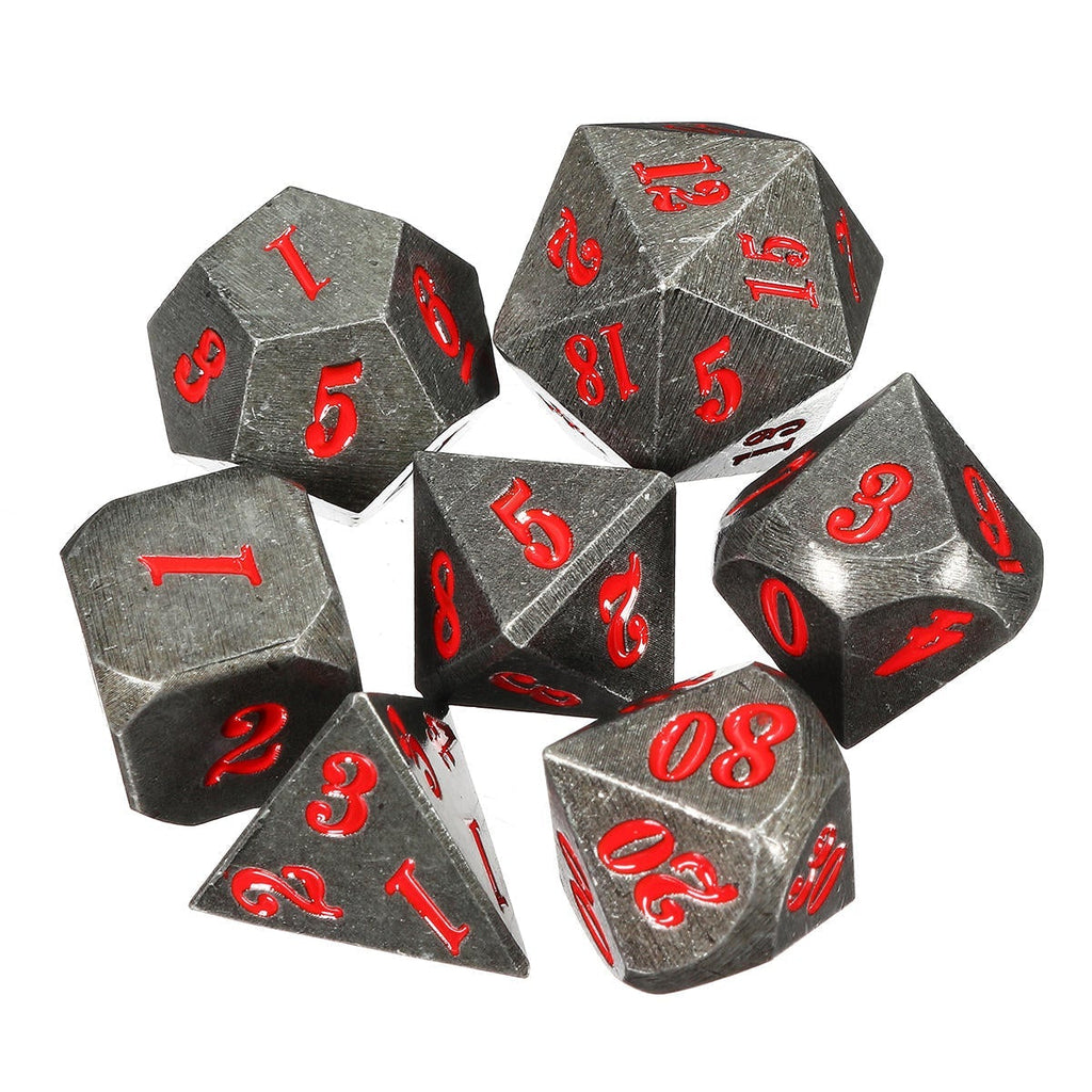 Antique Metal 7 Pcs Multisided Dice Heavy Polyhedral Dices Set w/ Bag