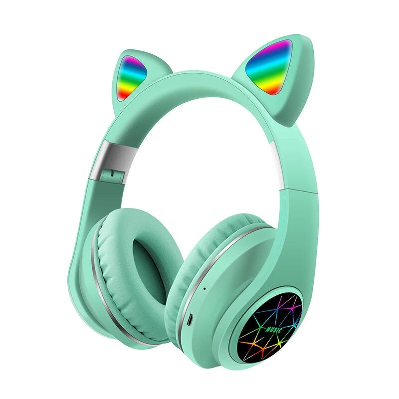 Cut Cat Ear Headphones Wireless Bluetooth 5.0 TF Card AUX-In Luminous Foldable Head-Mounted Headsetwith Mic