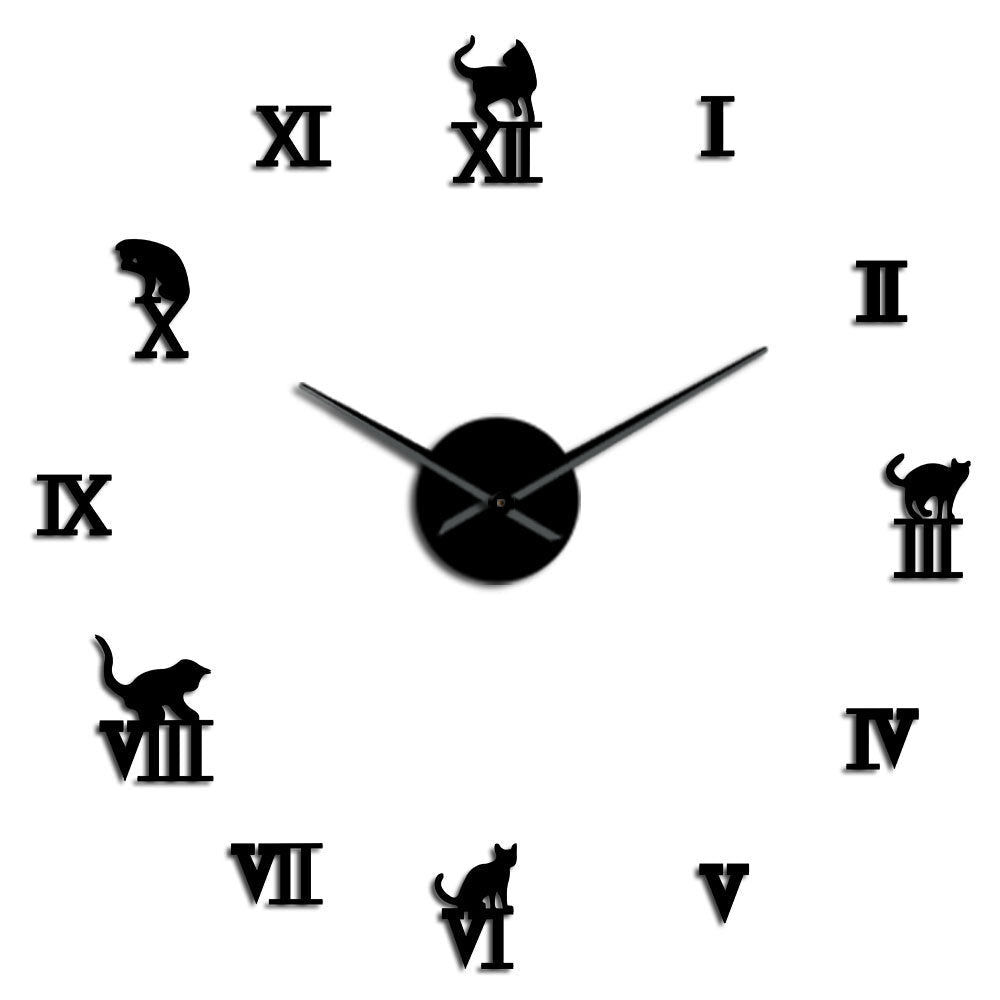 47 Inch 3D Large Wall Clock DIY Large Modern Frameless Home Decor Cat Big Clock Mirror For Bedroom Living Room Kittens Kitty Wall