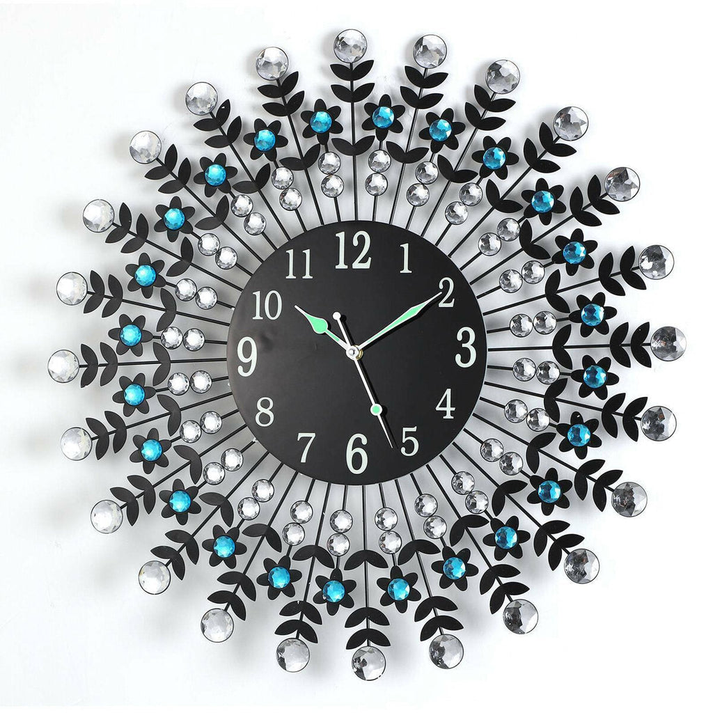 Large Modern 3D Crystal Wall Clock Luxury Round Dial Black Drops Home Office