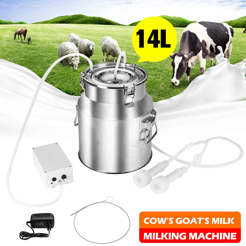 14L Electric Milking Machine Stainless Steel Milker Farm Cow Goat Vacuum Suction Pump Bucket Automatic Cattle Milking Equipment