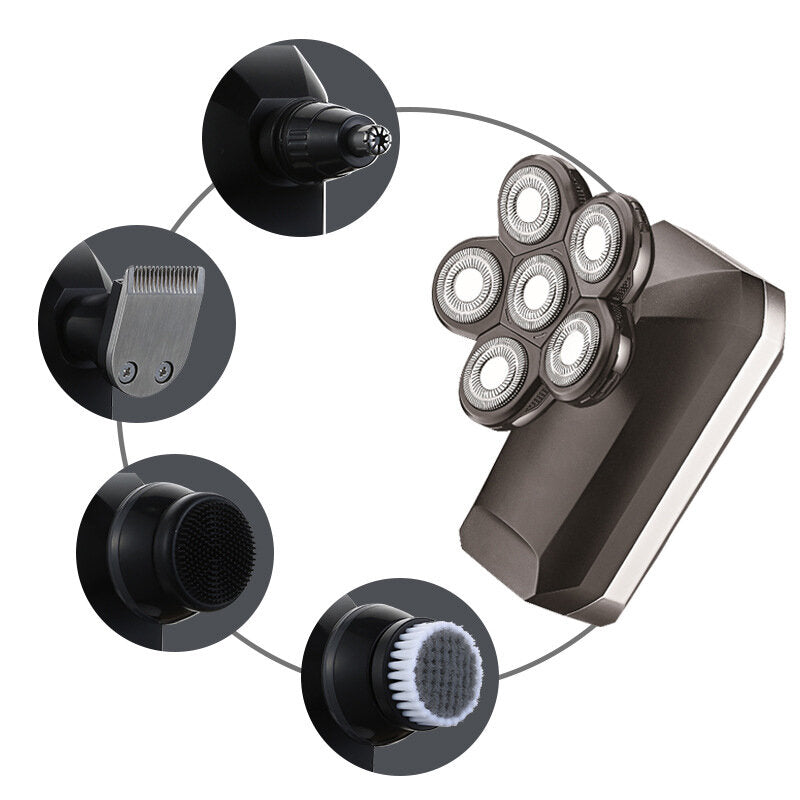 5 IN 1 6D Rotary Electric Shaver USB Rechargeable Bald Head Shaver IPX7 Waterproof LED Display