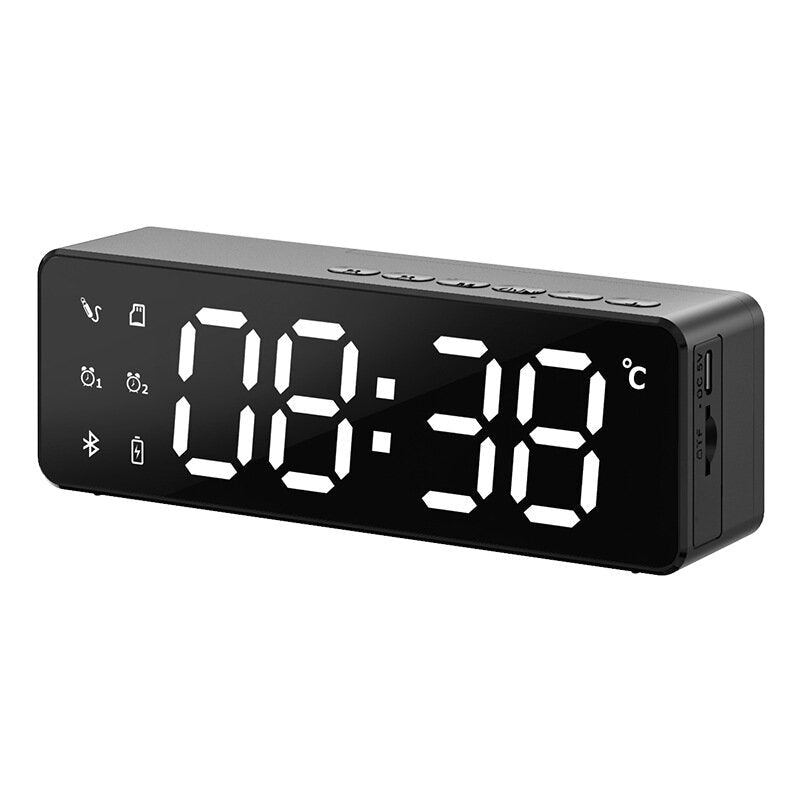 Bluetooth 5.0 Speaker Alarm Clock Multiple Play Modes LED Mirror Speaker with FM Function Stereo Sound Real-time Temperature Display 2800mAh