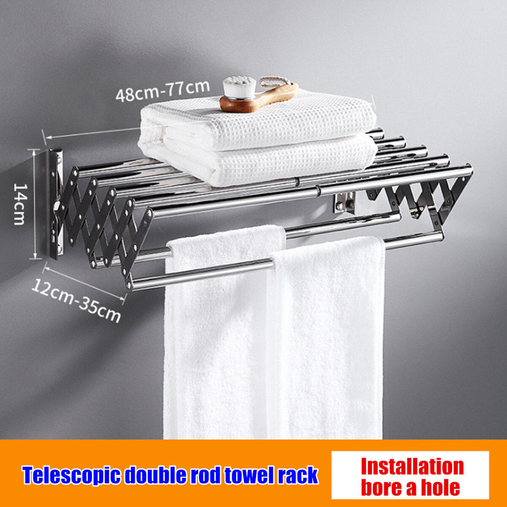 Telescopic Perforated Towel Rack Stainless Steel Wall Mount Expandable Towel Rack Clothes Shelf Laundry Bathroom Storage Rack