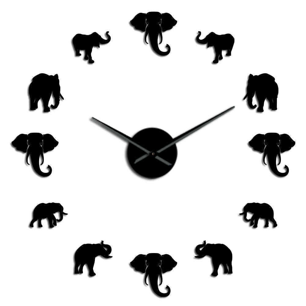 Jungle Animals Elephant DIY Wall Clock Home Decor Modern Design Mirror Effect Giant Frameless