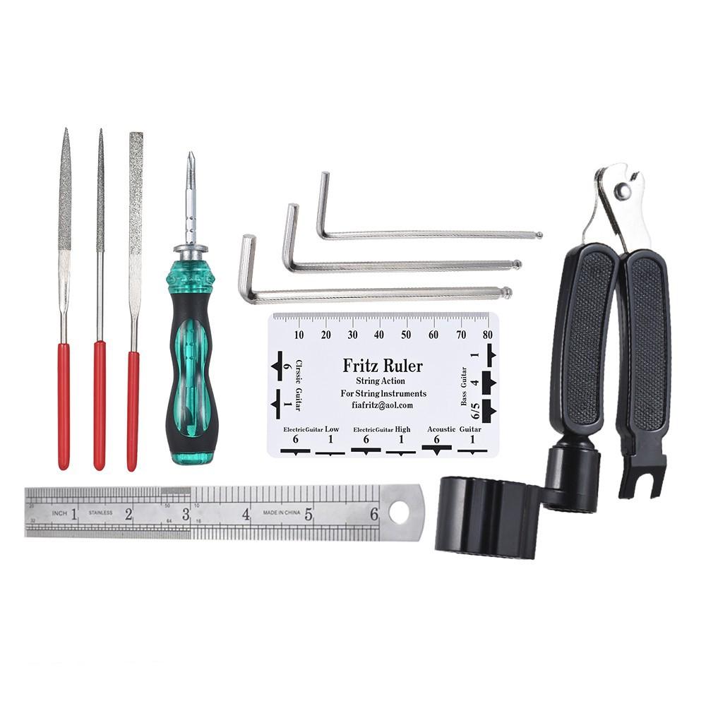 10Pcs Guitar Care Tool Set Repair Wrench Files Ruler Maintenance Tech Kit with Bag