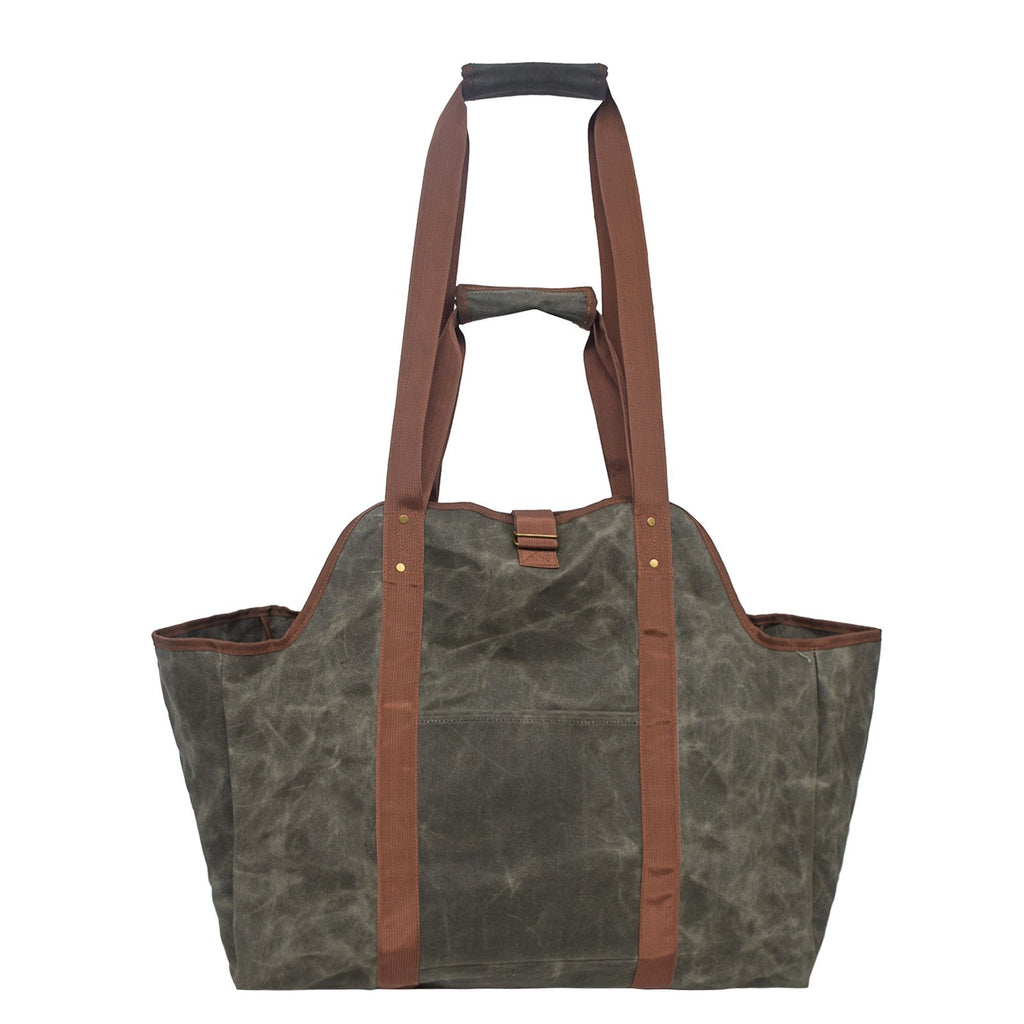 Large Firewood Bag Wax Canvas Log Carrier Tote with Pocket