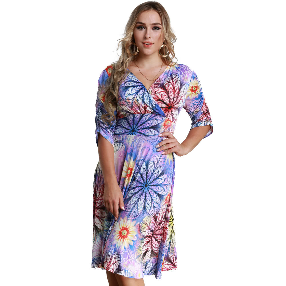 Women Plus Size Dress Colorful Floral Print V Neck Half Sleeve Midi Slim Elegant